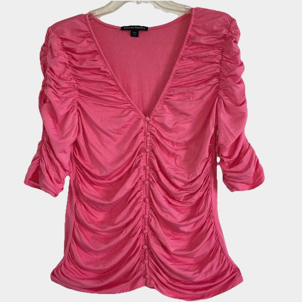 BOSTON PROPER sz L Rose Pink Slimming Smooth Stretch Knit Ruched Shirred Top